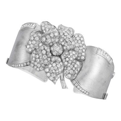 Lot 576 - Platinum, Palladium and Diamond Flower Clip-Brooch Cuff Bangle
