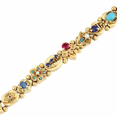Lot 107 - Gold, Colored Stone, Turquoise and Cultured Pearl Slide Charm Bracelet