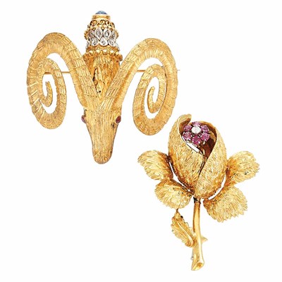 Lot 561 - Gold, Cabochon Sapphire, Ruby and Diamond Ram's Head Brooch, Ilias Lalaounis, and Gold, Diamond and Ruby Flower Pin