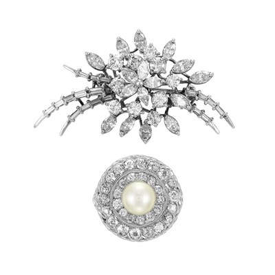 Lot 87 - Rhodium-Plated Palladium and Diamond 'En Tremblant' Brooch and White Gold, Cultured Pearl and Diamond Ring