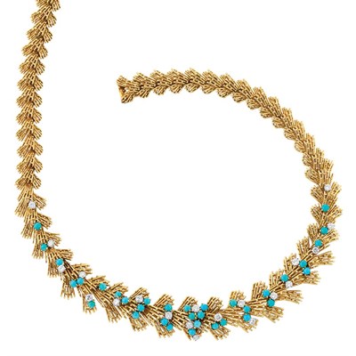 Lot 487 - Gold, Platinum, Turquoise and Diamond Necklace, Cartier, Paris