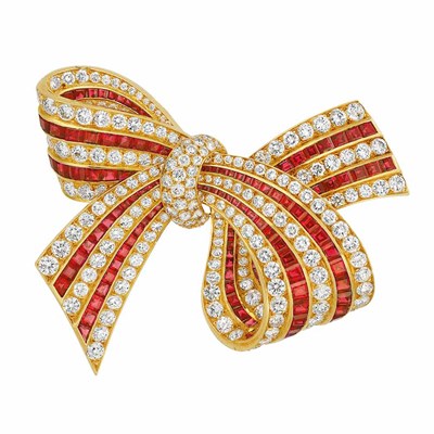 Lot 467 - Gold, Diamond and Ruby Bow Clip-Brooch, Van Cleef & Arpels, France