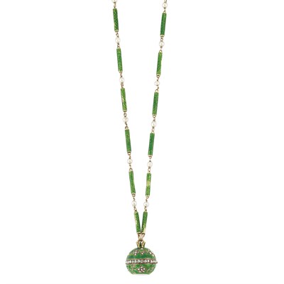 Lot 390 - Long Gold, Guilloche Green Enamel and Pearl Chain with Green Enamel and Diamond Pendant-Watch