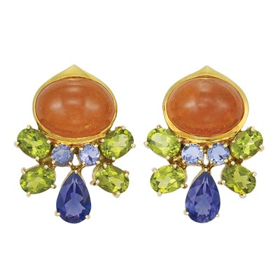 Lot 134 - Pair of Gold, Cabochon Orange Tourmaline and Colored Stone Earclips