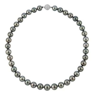 Lot 39 - Black Cultured Pearl Necklace with White Gold and Diamond Ball Clasp