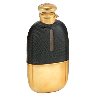 Lot 280 - Gorham 18 Kt. Yellow Gold Mounted and Leather Clad Glass Pocket Flask