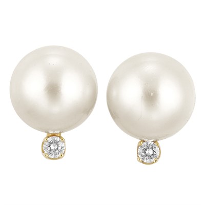 Lot 9 - Pair of Gold, Cultured Pearl and Diamond Earrings