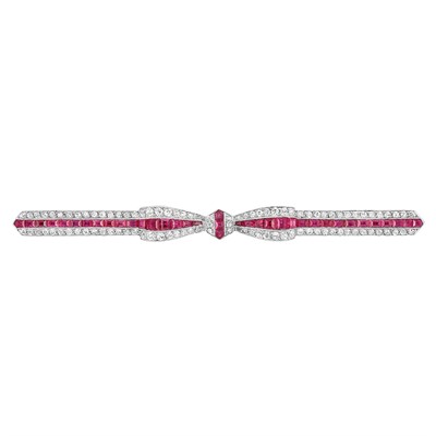 Lot 193 - Art Deco Platinum, Ruby and Diamond Bow Bar Pin