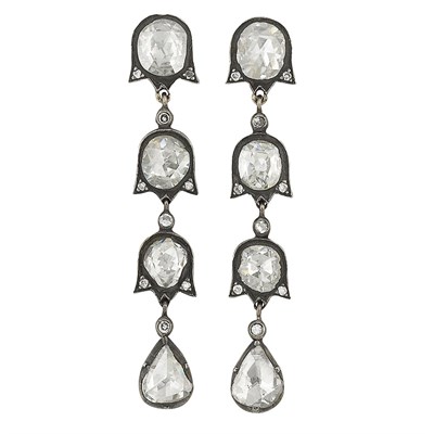 Lot 182 - Pair of Indian Silver, Gold and Foiled-Back Diamond Pendant-Earrings
