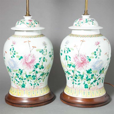 Lot 592 - Pair of Chinese Export Porcelain Lamps Height...
