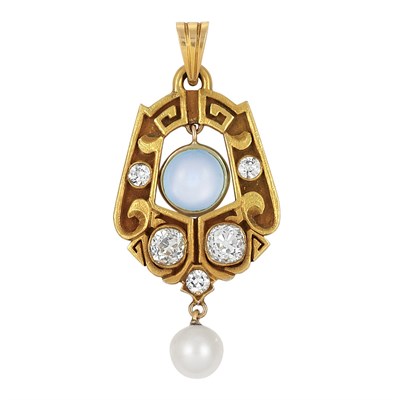 Lot 65 - Arts and Crafts Gold, Moonstone, Diamond and Pearl Pendant