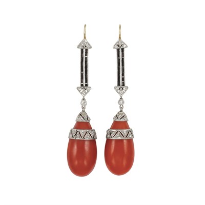 Lot 538 - Pair of Art Deco Platinum, White Gold, Diamond, Black Onyx and Oxblood Coral Pendant-Earrings