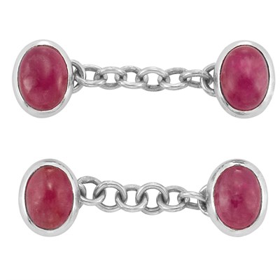 Lot 232 - Pair of Platinum, White Gold and Cabochon Ruby Cufflinks