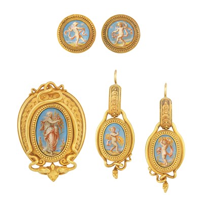 Lot 406 - Etruscan Revival Gold and Enamel Brooch, Pair of Pendant-Earrings and Pair of Buttons