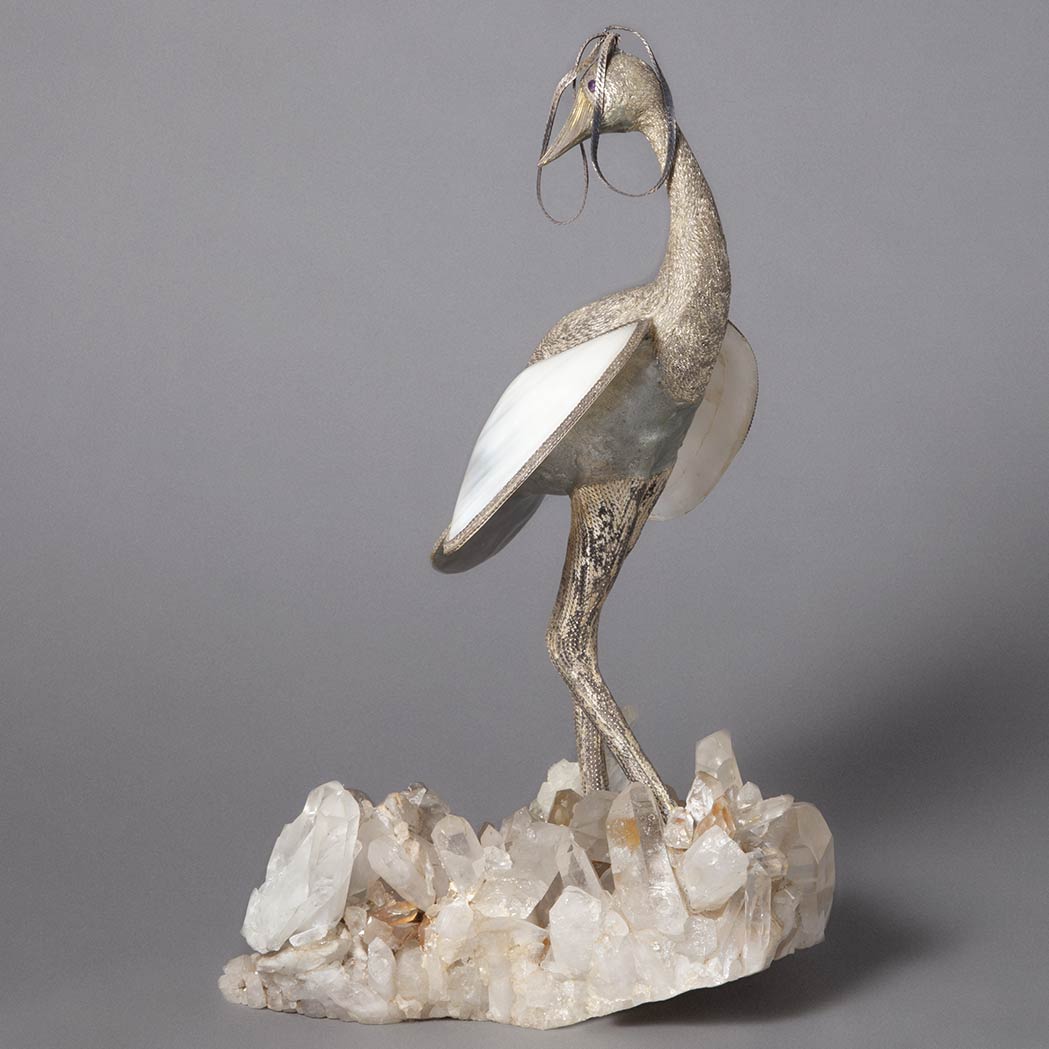 Lot 154 - Silvered Metal and Shell Figure of a Bird on a...