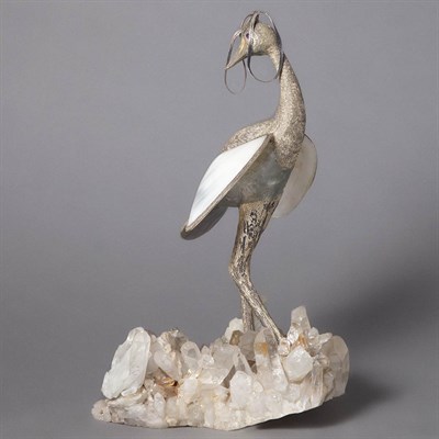 Lot 154 - Silvered Metal and Shell Figure of a Bird on a...