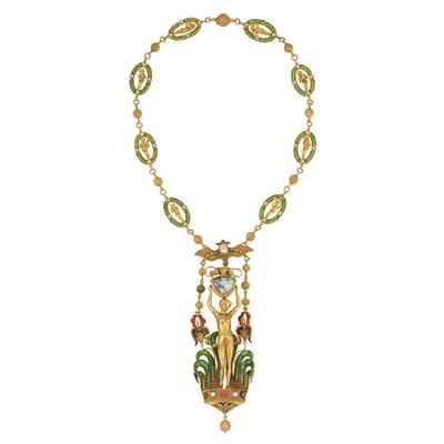 Lot 394 - Antique Gold, Boulder Opal, Enamel, Gem-Set and Pearl Pendant-Necklace