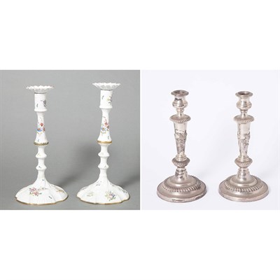 Lot 454 - Pair of English Enamel Candlesticks 19th...