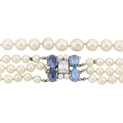 Lot 479 - Triple Strand Cultured Pearl Necklace with Platinum, Simulated Diamond and Cabochon Sapphire Clasp and Cultured Pearl Necklace