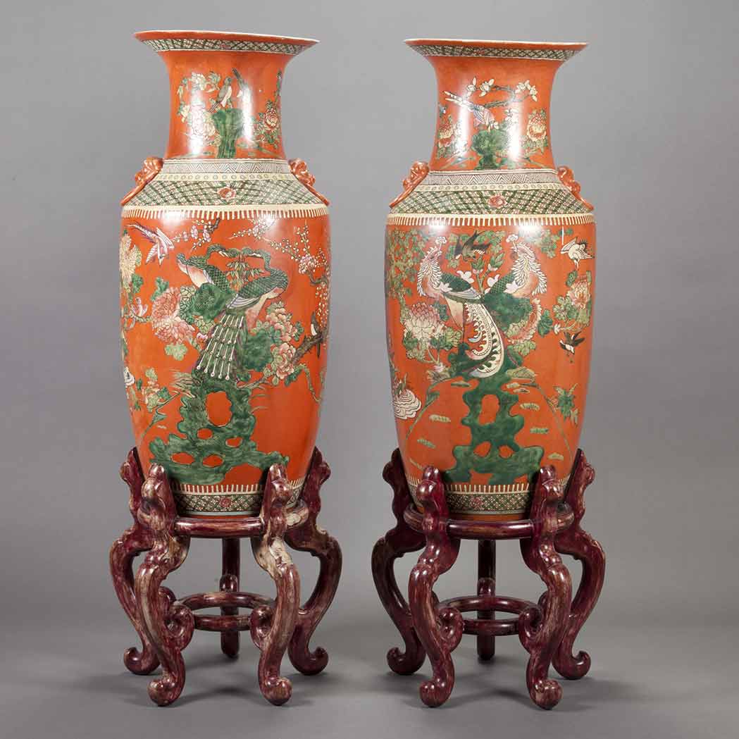 Lot 446 - Pair of Chinese Orange Ground Porcelain Vases...