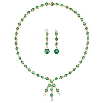 Lot 147 - Gold, Emerald and Diamond Necklace and Pair of Pendant-Earrings