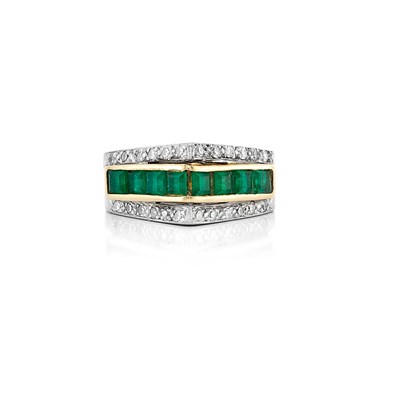 Lot 148 - Two-Color Gold, Synthetic Emerald and Diamond Ring