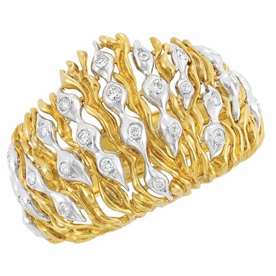 Lot 433 - Two-Color Gold and Diamond Cuff Bangle Bracelet
