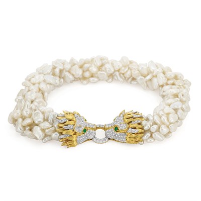 Lot 443 - Six Strand Freshwater Pearl Necklace with Two-Color Gold, Diamond and Emerald Lion Head Clasp