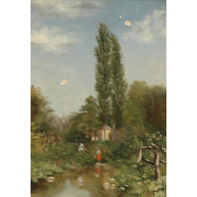 Lot 26 - Attributed to Leon Delachaux By the Pond, 1881...