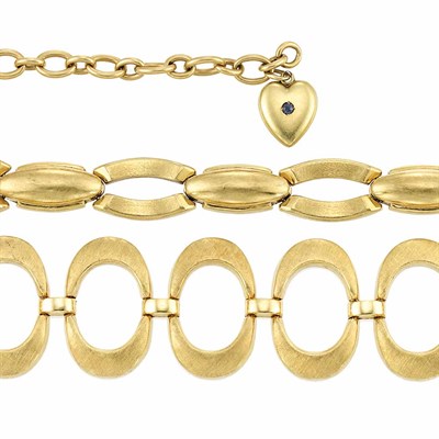 Lot 160 - Two Gold Link Bracelets and Gold Chain with Heart Charm