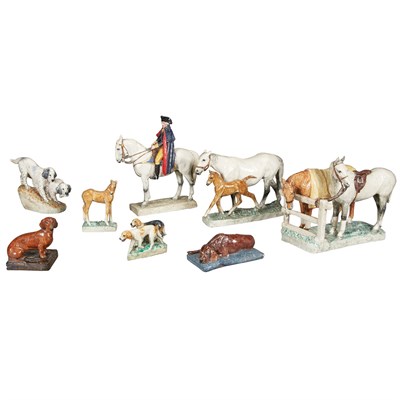Lot 382 - Group of Painted Pottery Horse and Dog Figures...