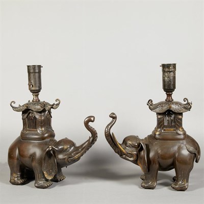 Lot 542 - Companion Pair of Japanese Bronze Lamps Each...