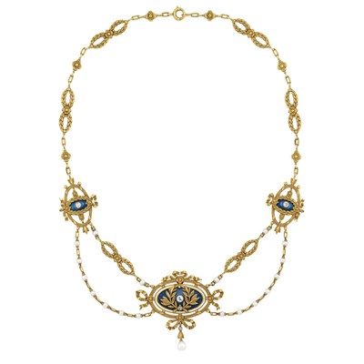 Lot 523 - Antique Gold, Platinum, Guilloche Enamel, Diamond and Pearl Swag Necklace, Lucien Gautrait, France