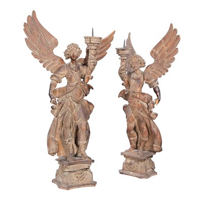 Lot 157 - Pair of Italian Walnut Figural Candlesticks...