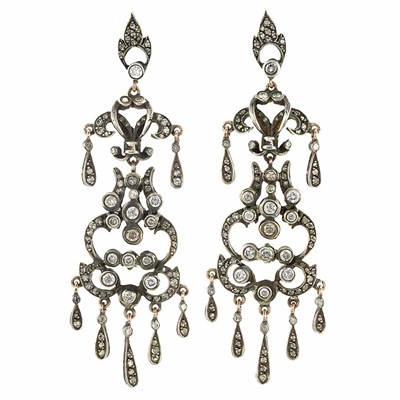 Lot 668 - Pair of Silver, Gold and Diamond Pendant-Earrings