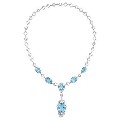 Lot 547 - White Gold, Platinum, Aquamarine and Diamond Pendant-Necklace