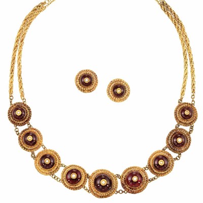 Lot 225 - Antique Gold, Foiled-Back Garnet and Split Pearl Cannetille Necklace and Pair of Earclips