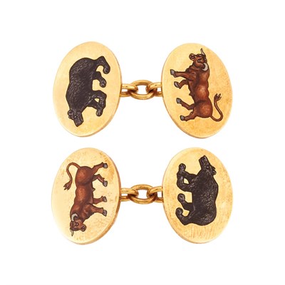 Lot 279 - Pair of Gold and Enamel 'Bulls and Bears' Cufflinks, Deakin & Francis