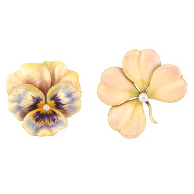 Lot 251 - Two Antique Gold, Enamel and Pearl Flower Pendant-Brooches