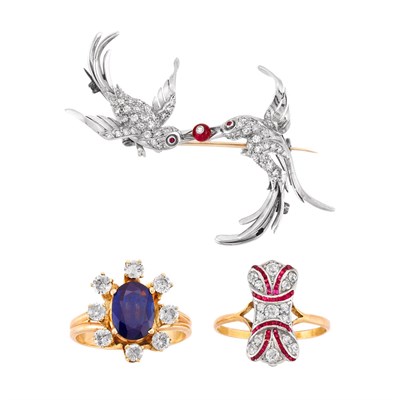 Lot 268 - Platinum, Diamond and Synthetic Ruby Love Bird Pin and Two Diamond and Gem-Set Rings