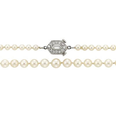 Lot 694 - Natural Pearl Necklace with Platinum and Diamond Clasp