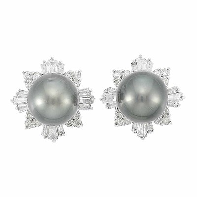 Lot 426 - Pair of White Gold, Tahitian Black Cultured Pearl and Diamond Earclips