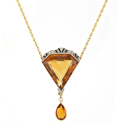 Lot 687 - Gold, Platinum, Citrine, Diamond and Black Onyx Pendant with Chain