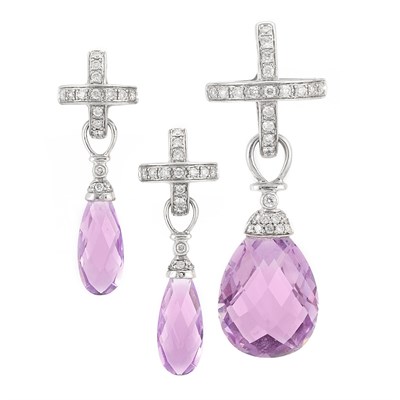 Lot 906 - Pair of White Gold, Diamond and Amethyst Briolette Pendant-Earrings and Pendant