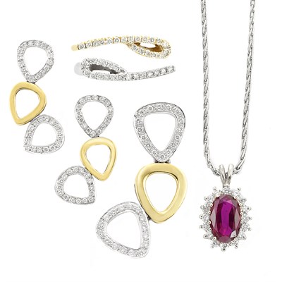 Lot 737 - Group of Diamond Jewelry and Ruby and Diamond Pendant with Chain