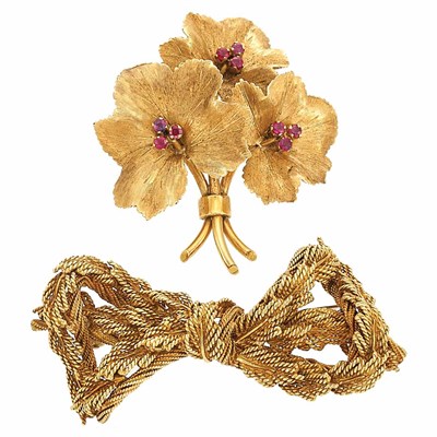 Lot 32 - Gold and Ruby Flower Brooch and Rope-Twist Gold Bow Brooch, Tiffany & Co.