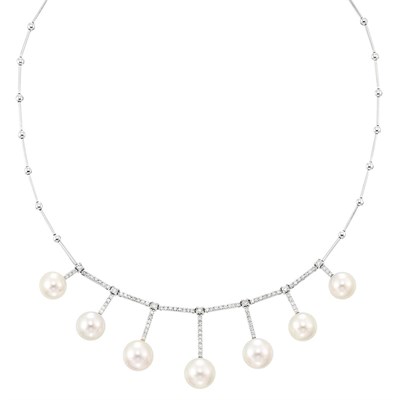 Lot 82 - White Gold, Diamond and Cultured Pearl Fringe Necklace