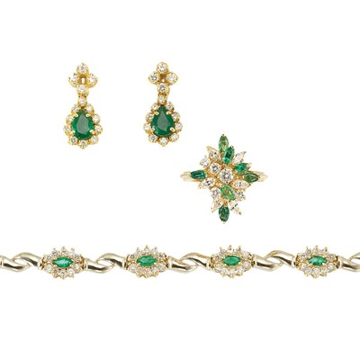 Lot 153 - Gold, Emerald and Diamond Bracelet, Pair of Earrings and Ring