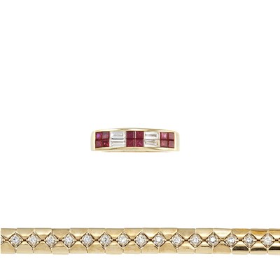 Lot 521 - Gold and Diamond Bracelet and Ruby and Diamond Ring