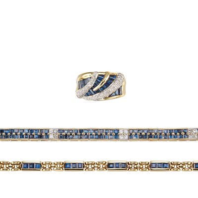 Lot 157 - Two Gold, Sapphire and Diamond Bracelets and Ring